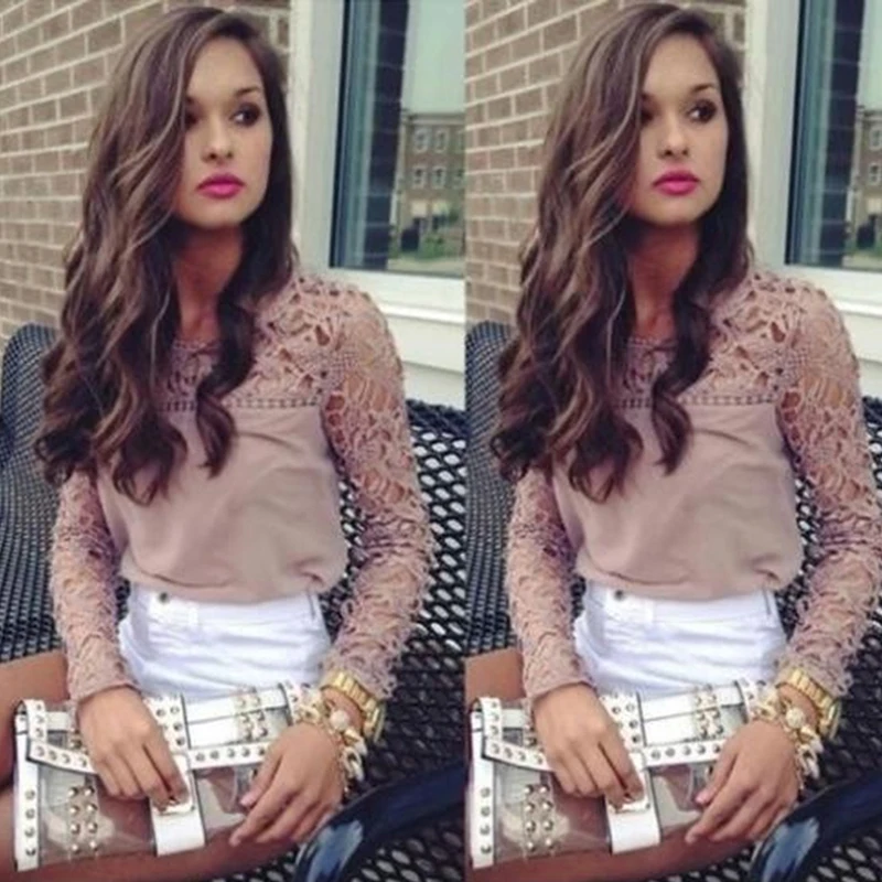 2019 Mulheres rosa Lace oco manga comprida blusa blusas para mulheres camisas |