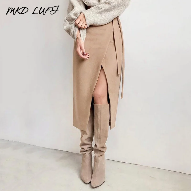 Юбки с завышенной талией женские Осенние утолщенные повседневные миди юбки