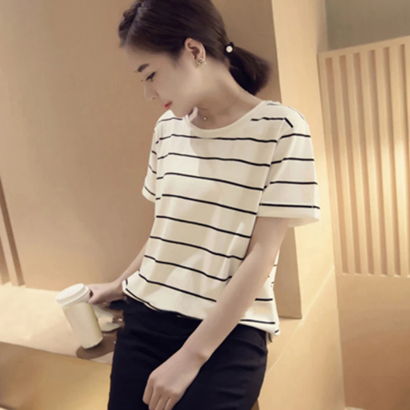 Женская Повседневная футболка в полоску свободный Хлопковый пуловер с коротким