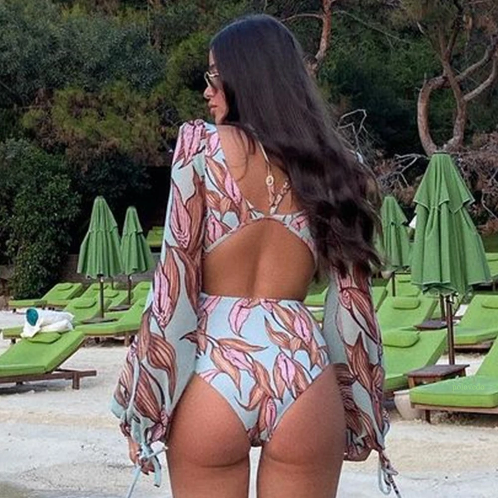 Слитный купальник 2021 с длинным рукавом Женский бандажный монокини принтом
