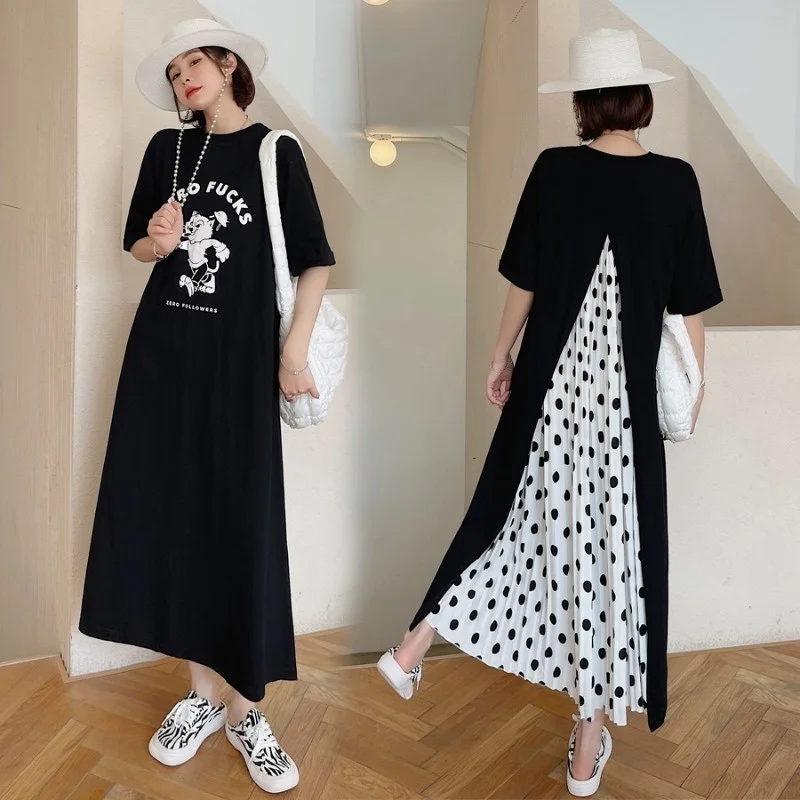 

Summer 2021 New Long Large Size Loose Back Stitching Polka Dot Chiffon Short Sleeve T-shirt Dress Large Swing Skirt
