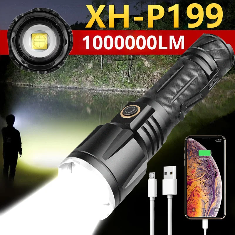 Новинка, светодиодный фонарик XHP199 1000000, фонарик с USB, фонарик светильник hp50, тактический фонарь, перезаряжаемый 16-ядерный зум, Usb-фонарь для кемпинга - изображение