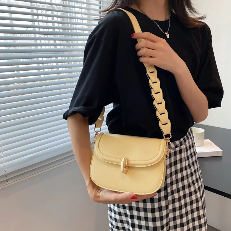 

2021 New Women's Bag Fashion Pure Color One Shoulder Messenger Bag Simple Leisure Wide Shoulder Strap Bags Female Cross Bags