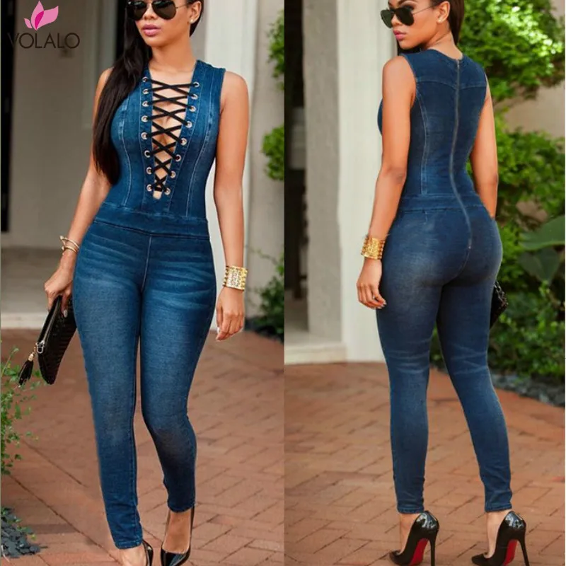 

New 2020 Clubs Fashion Cowboy Bodysuit Women Cultivate One's Morality Show Mesh Jumpsuits Sleeveless Denim Jumpsuits Womens
