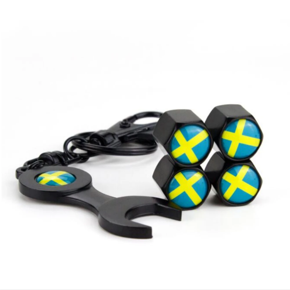 

4pcs Sweden Flag Logo Wheel Tire Parts Valve Stems Caps & Wrench Auto Replacement Parts for Volvo Xc90 S60 S80 S40 V50 Xc70 V40