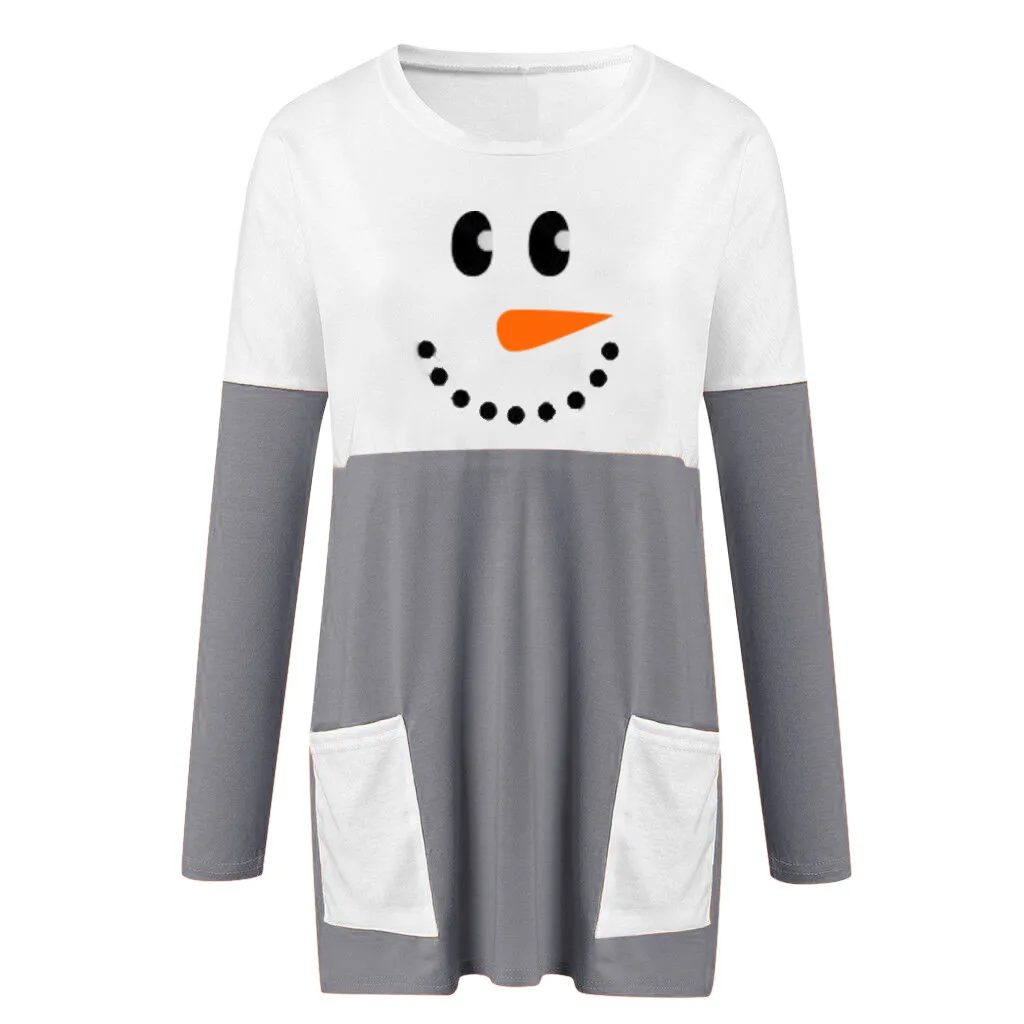 Размера плюс снеговика Рождественская Футболка с принтом женские длинный рукав