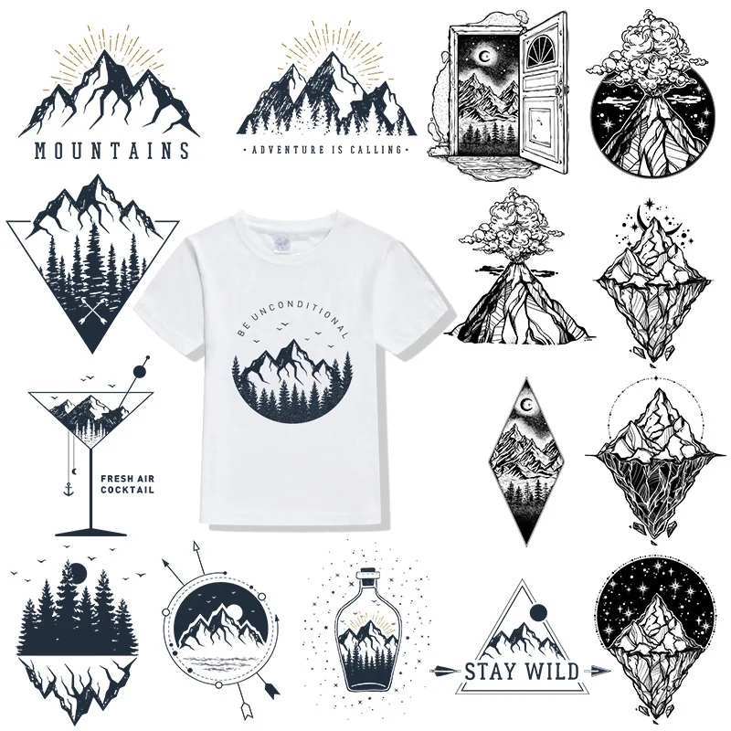 

Letter Snow Mountains Iron on Patches Heat Transfer Stickers Boy DIY T-shirt Badges Clothing Apploque Press Printing Decor