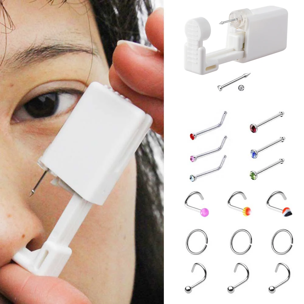 

1PC Disposable Sterile Nose Piercing Gun Piercing Kit with Gem Nose Studs Surgical Steel Nose Ring Piercer Tool Body Jewelry 20g