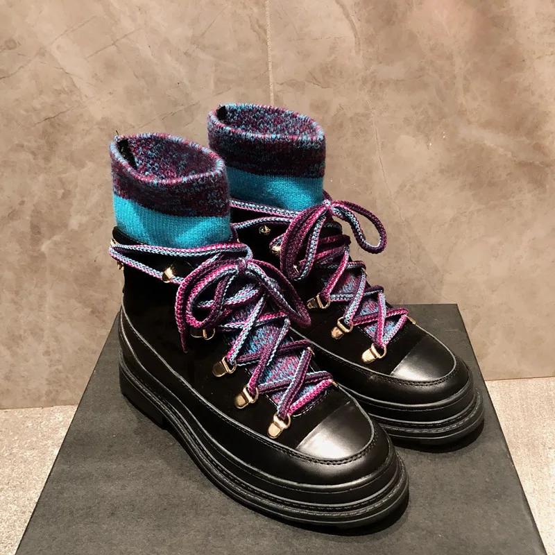

Luxury Design Winter Short Ankle Boots women Fashion Genuine Leather knitted Socks Boots Women Thick Bottom Platform Shoes 2020