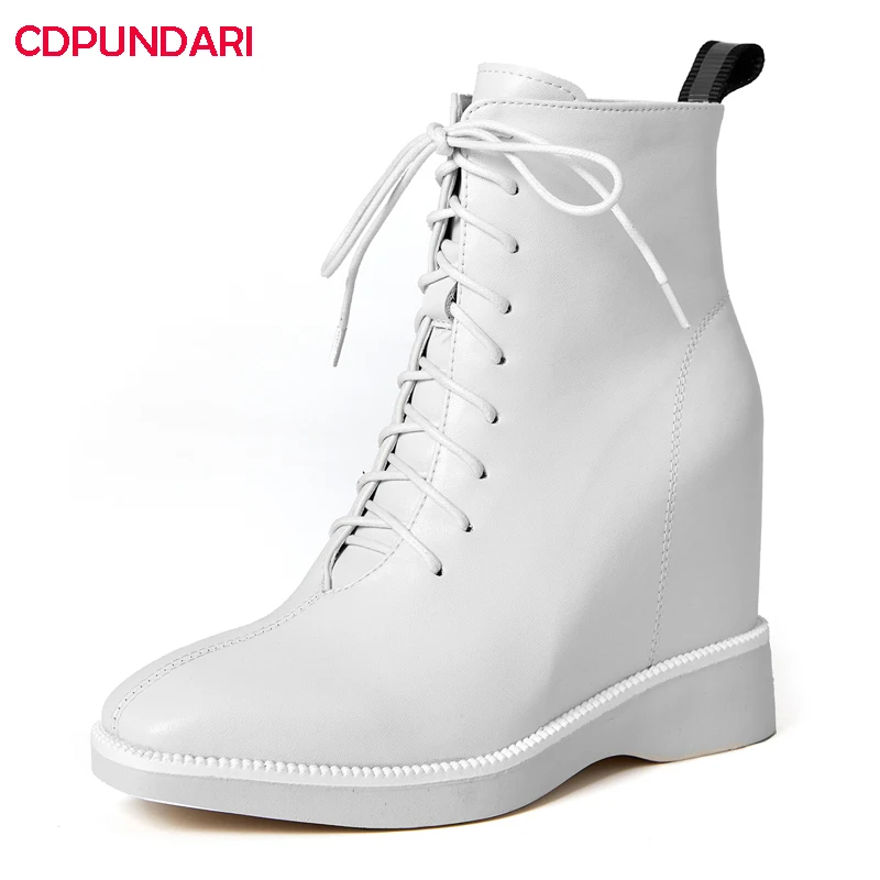 

Black White Genuine Leather Wedges Ankle Boots Women Autumn Winter High Heels Platform Boots Shoes Bottes Plateforme Femme