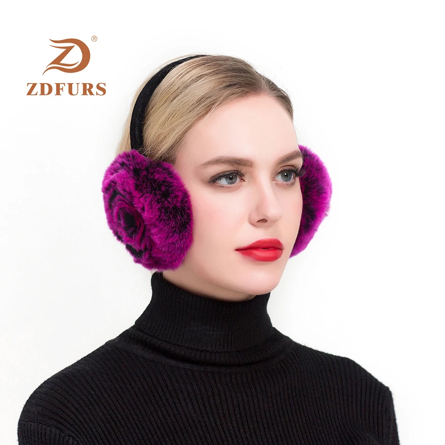Зимние наушники ZDFURS * теплые из натурального кроличьего меха милые с розой