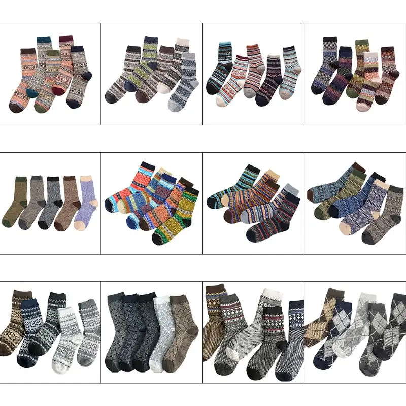 

5 Pairs Mens Vintage Faux Wool Knit Crew Socks Color Block Stripes Warm Hosiery