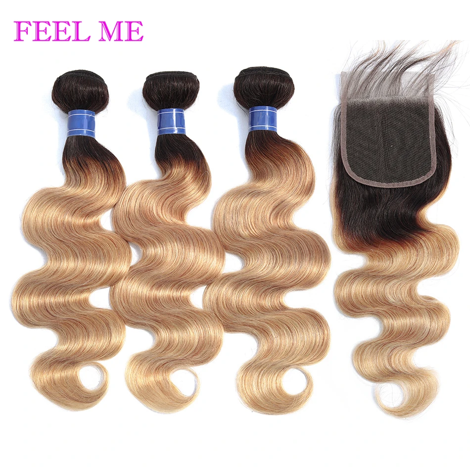 

FEELME 1b/27 Body Wave Bundles With Closure 3/4 Bundles Blonde Ombre Peruvian Human Hair Bundles With Closure Bleached Knots