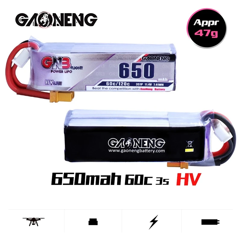 

Gaoneng GNB HV Lipo battery 650mAh 3S 11.4V 60C/120C XT30 Plug for FPV Racing Drone 4 axis UAV RC Quadcopter RC Drone 2Pcs/Set