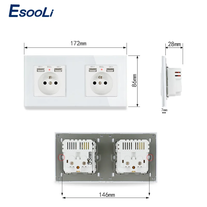 Розетка стеновая Esooli электрическая со стеклянной панелью и 4 USB-портами 172 х86 мм |