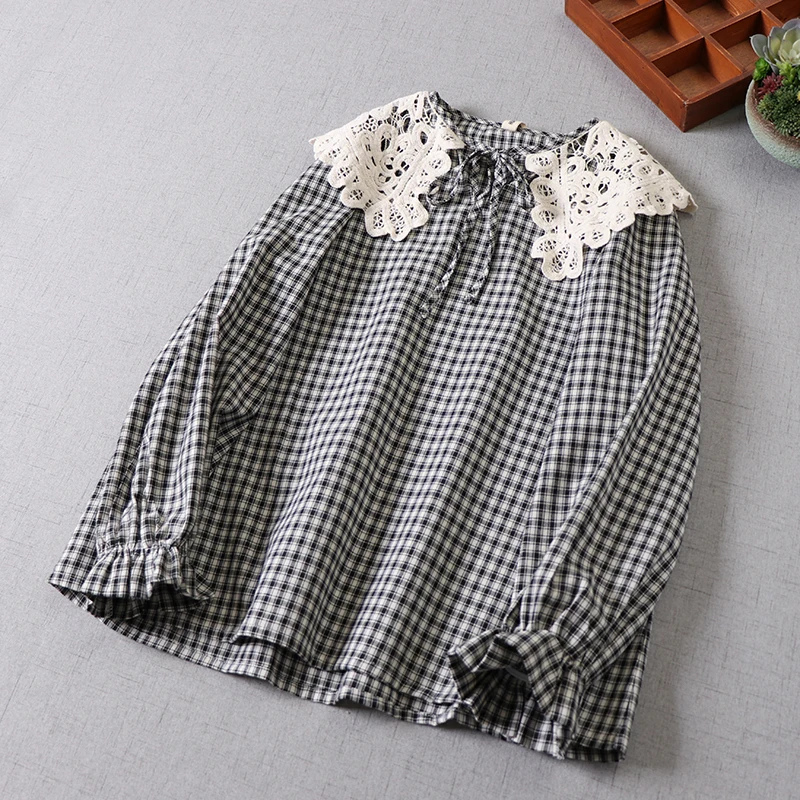 

Japan Style Mori Girl Cotton linen Plaid Shirt Loose Embroidered Hollow out Peter Pan Collar Pullover Tops