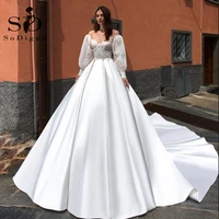 sodigne a line wedding dress ball gown puff sleeves satin vintage lace bridal dress princess wedding gown plus size