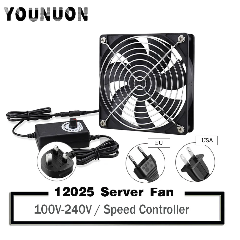 120mm Computer Fan with Speed Controller AC Plug Power Cord 110V 220V  to DC 3V - 12V 2A Exhaust Cooling Router Grow Tent Plant