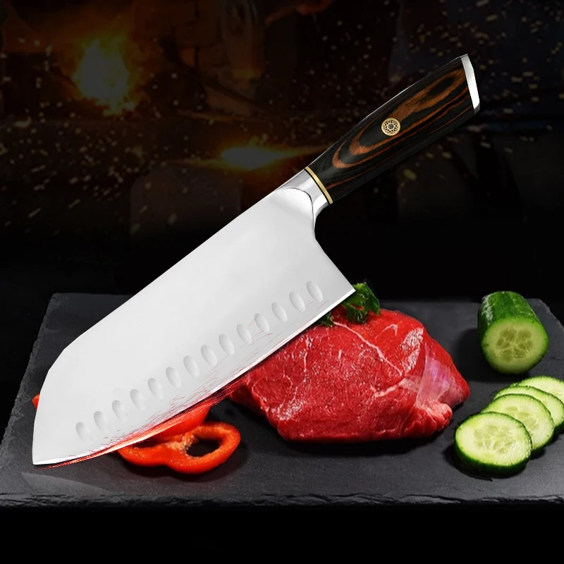 

Кухонные ножи Santoku, нож шеф-повара из нержавеющей стали размером 7,5 дюйма с деревянной ручкой и надписью Nakiri Cleaver