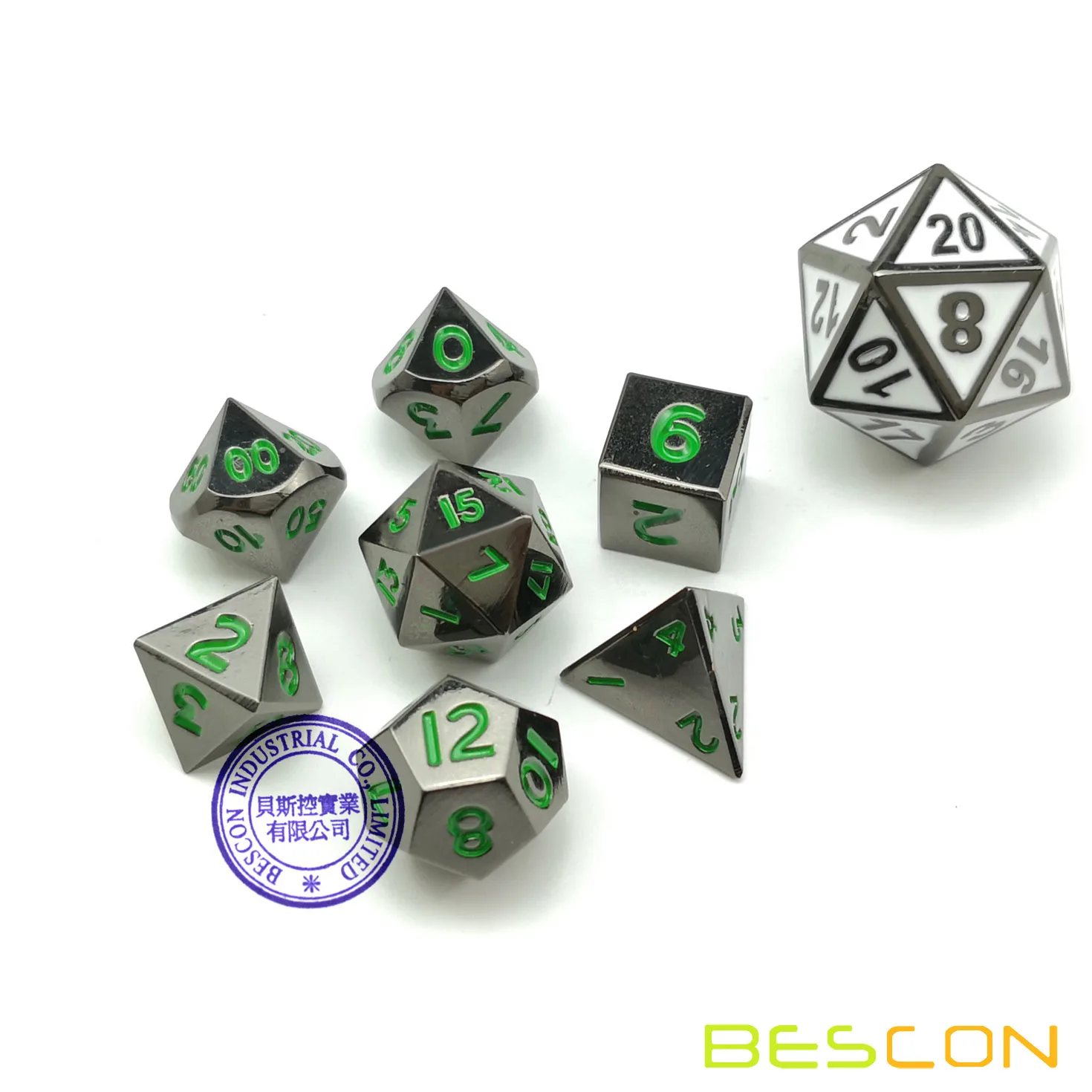 Bescon 10 мм Мини твердые металлические кости набор Глянцевая металлическая поверхность с зелеными цифрами, мини металлические многогранные D& D РГП игральные кости 7-Set