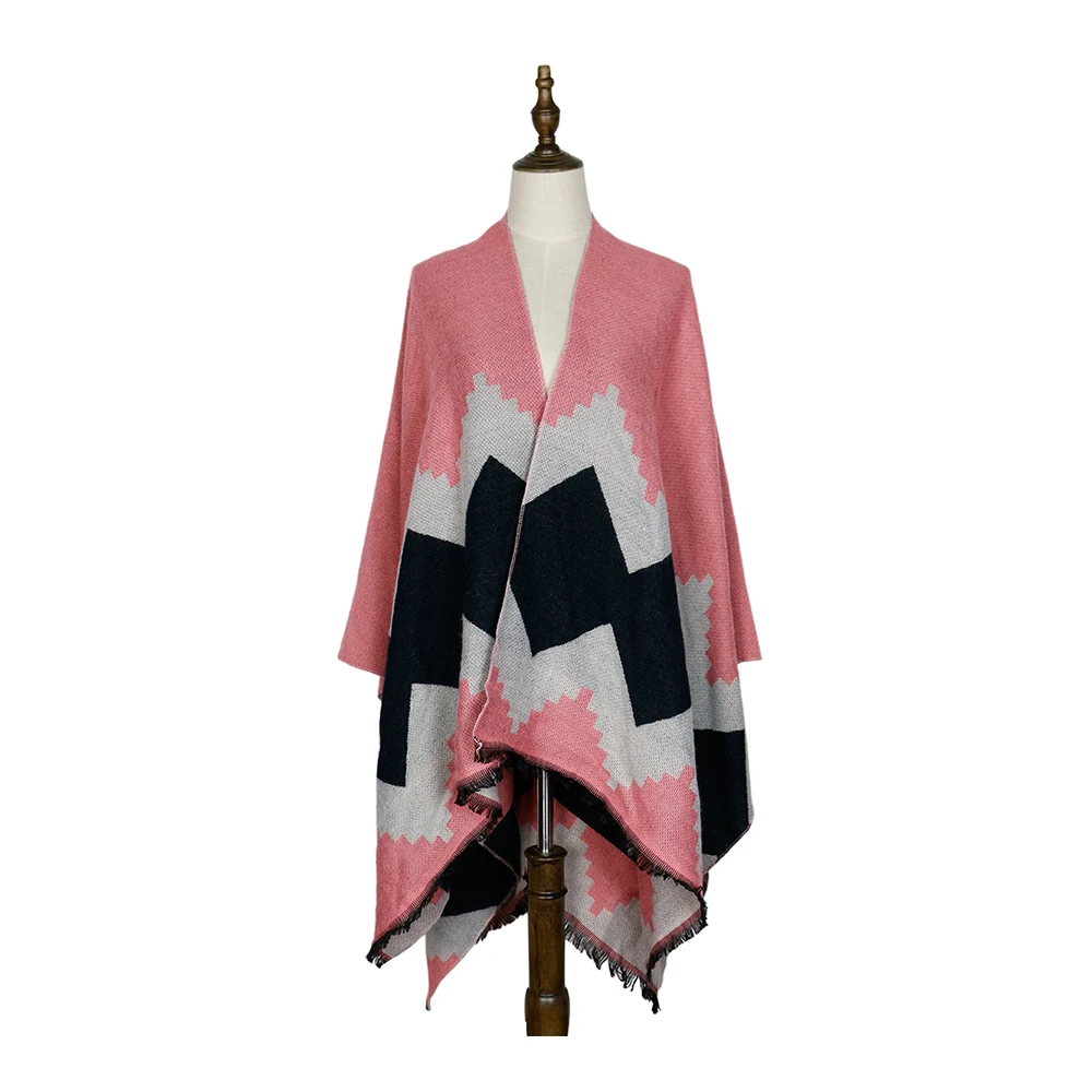 Женское розовое кашемировое пончо шаль кардиган ромбовидная накидка открытый