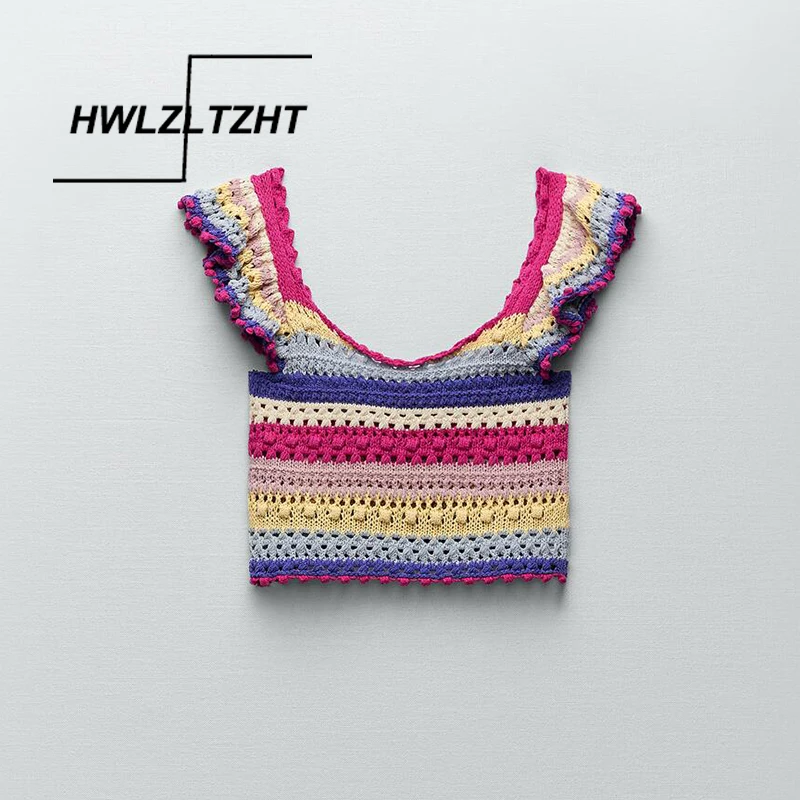 

HWLZLTZHT Женский трикотажный топ с оборками, укороченный топ, женский летний 2021 топ с широкими бретельками и открытой спиной, женские элегантны...