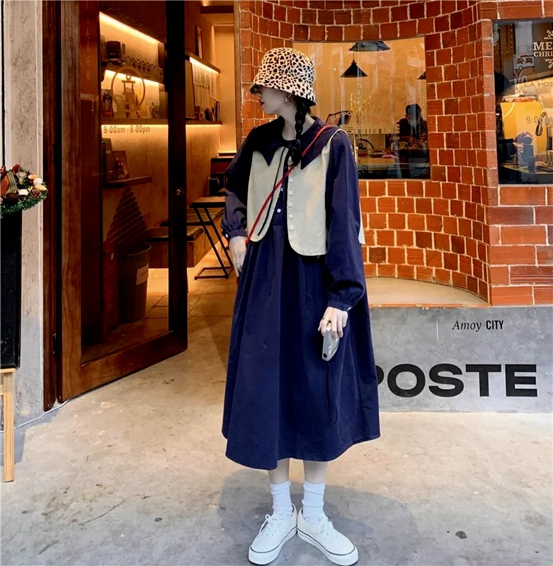 

Harajpoo Women SetsJapanese Retro Preppy Style Autumn Crop Cardigan Vest Loose Tie Doll Collar Long Sleeve Dress Kawaii Suit