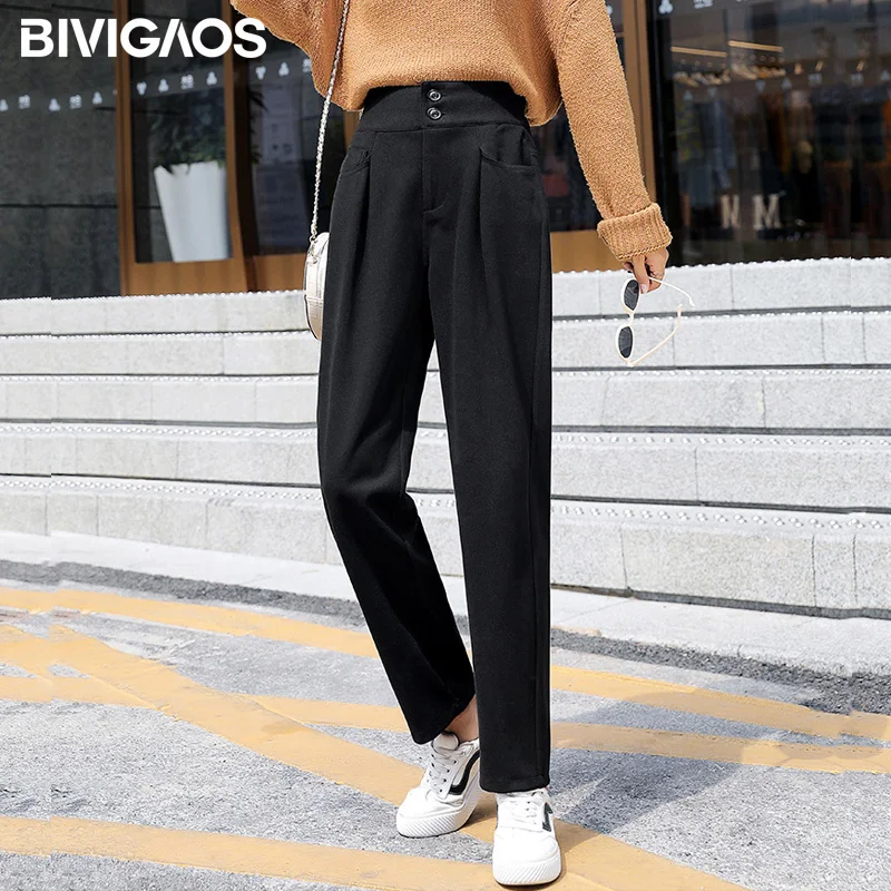 BIVIGAOS 2019 осень зима новинка высокая талия двойная Пряжка шерстяные штаны шаровары