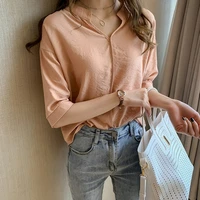 summer new mid length solid colors yellow fashion short sleeve blouses stand collar shirts loose casual tops oversized tees 2021