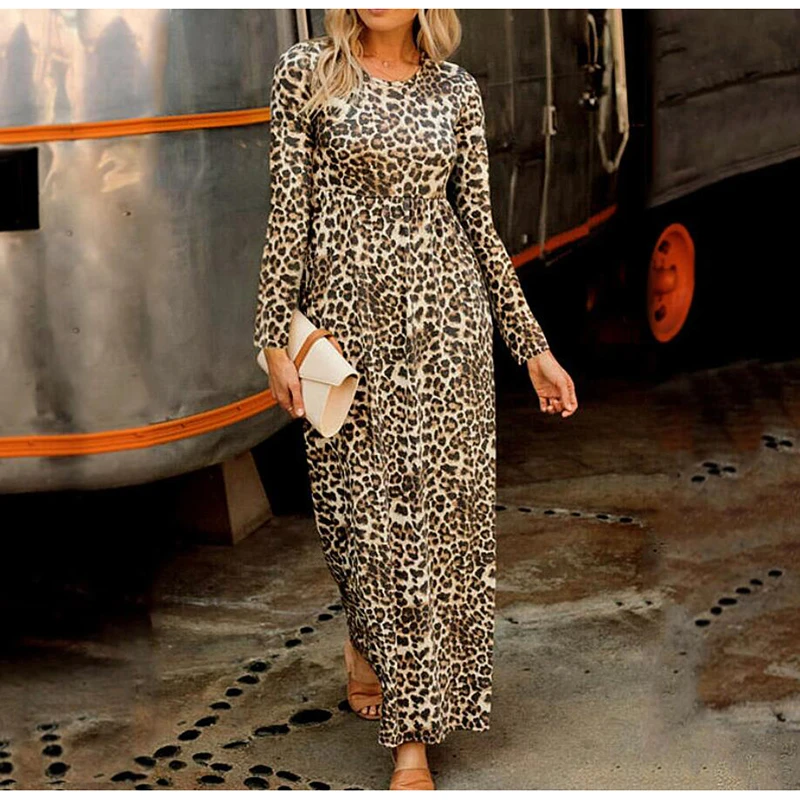 

Leopard Long Sleeve Round Neck High Waist Dress Ankle Length Spring Autumn Women Dresses Casual Dresses 2021 New