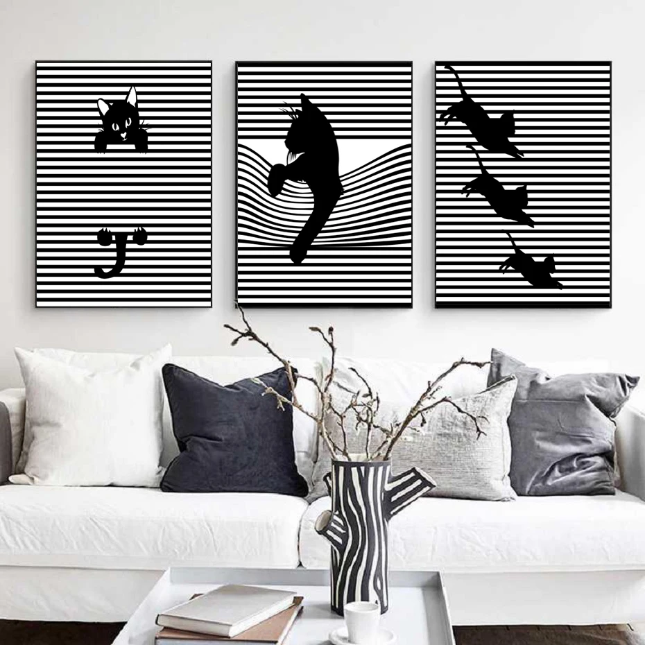

Black and White Stripes Abstract Cat Wall Art Canvas Painting Poster Entrance Corridor Artist Home Decoration