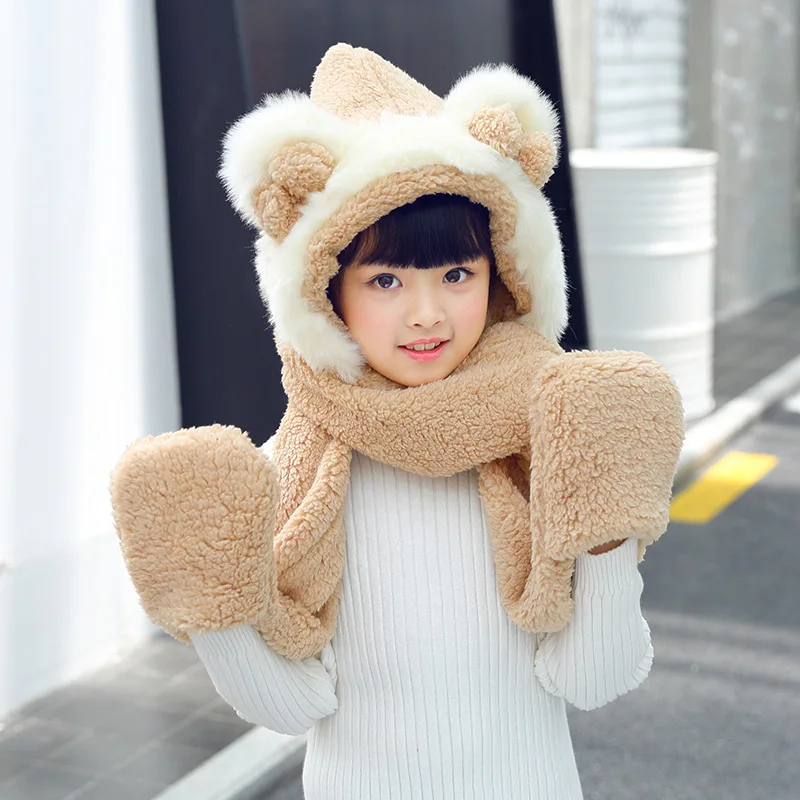 Beige Kids Модная шапка для животного с капюшоном из искусственного меха, с бантом, с ушками, с карманами для рук, для женщин, 3 в 1, теплая плюшевая шапка с шарфом, перчатки для мамы и ребенка - Цвет: Beige Kids