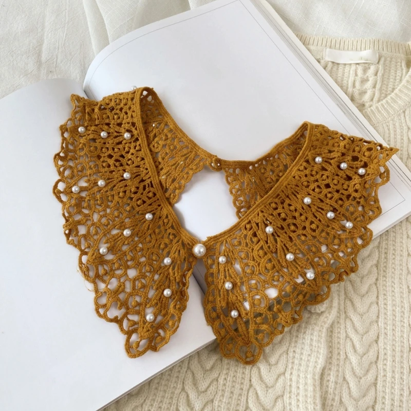 

Hollow Out Knit Fake Collar Shawl Pearl Beading Scarf Necklace Lace Half Shirt X7YA