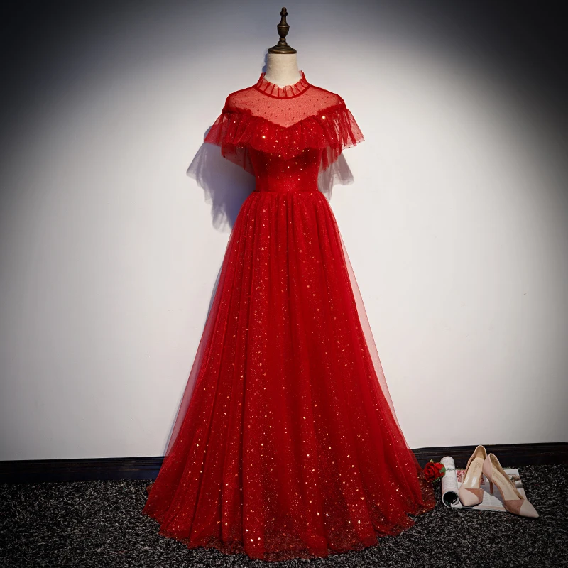 

Блестящее вечернее платье Lllusion с высоким воротом, ТРАПЕЦИЕВИДНОЕ ПЛАТЬЕ до пола с открытой спиной, кружевными оборками, вечерние платья бол...