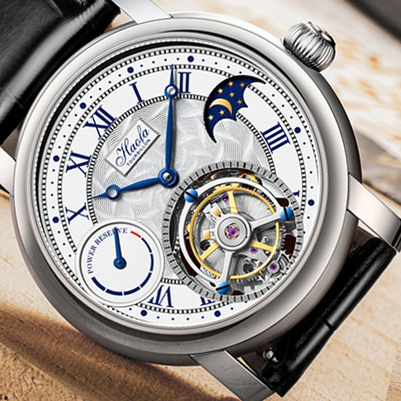 

HAOFA часы из турбийона Moon Phase запас мощности римские весы циферблат сапфир Водонепроницаемый роскошный кожаный ремешок 27 драгоценный камень