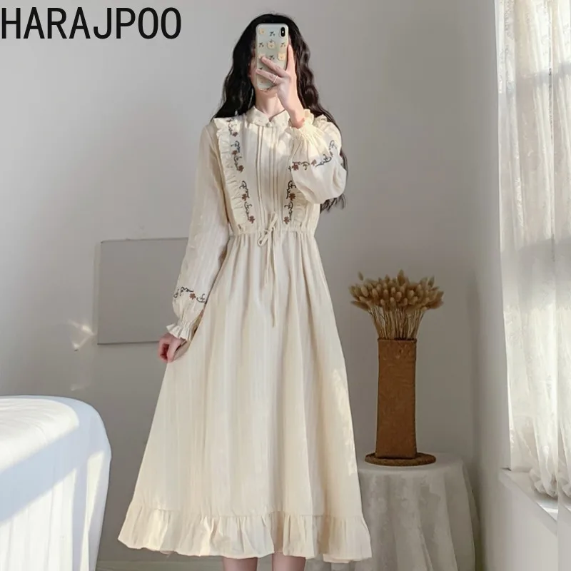 

Harajpoo Women Vestidos Long Sleeve Fall 2021 New Clothes Stand Collar Lantern Sleeve Embroidery Thin Vintage Y2k Long Dress