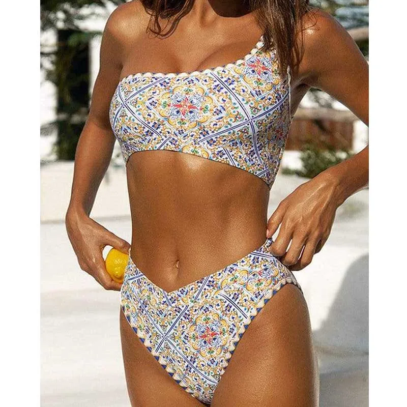 

Купальный костюм с высоким вырезом, сексуальный купальник на одно плечо с цветочным принтом, женские бикини, летний купальник с винтажным п...