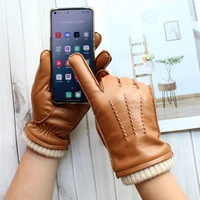 touch screen leather sheepskin gloves mens winter thickening warmth motorcycle driving fashion 2021 new brown finger gloves