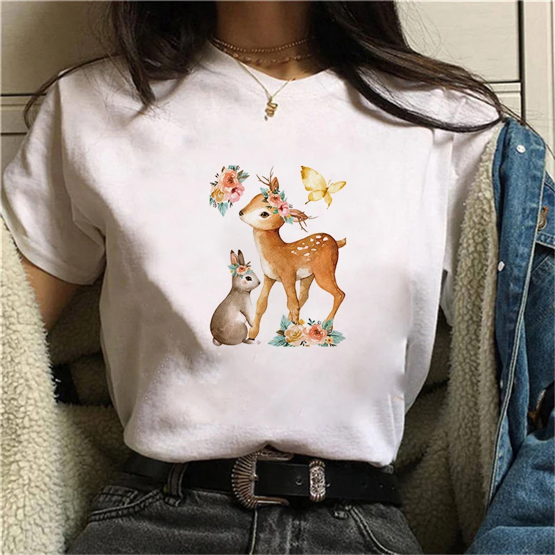 

Women T Shirt Sika Deer Graphic Print Female Clothing White Tshirts Summer Short Sleeve Top Tees Fashion Oversized Animal Tshirt