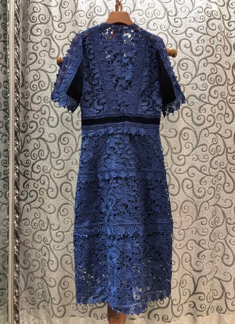 

Out Lace Hollow Embroidery Dress 2021 Spring Party Cocktail Women Allover Crochet Lace Short Sleeve Bodycon Dress Dark Blue