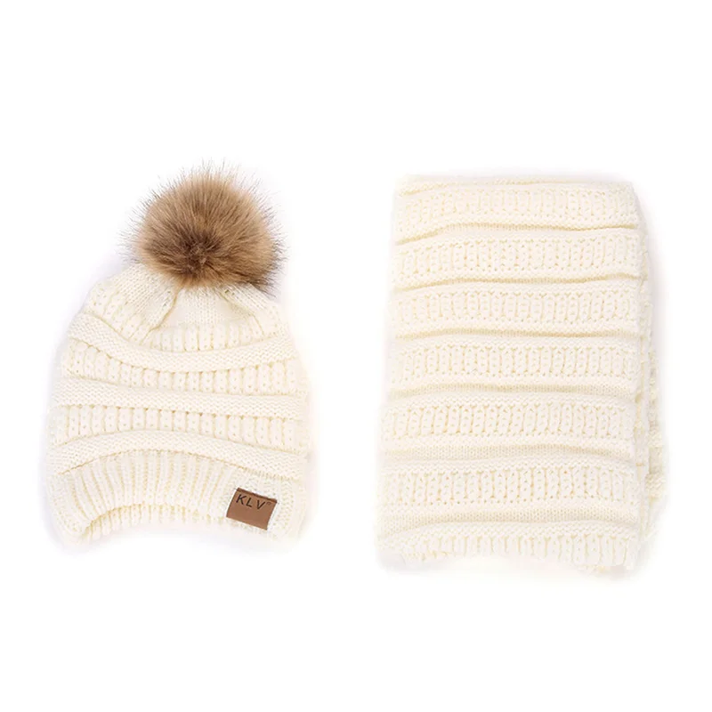 

Autumn Winter Women Knitted Striped Wool Beanie Hat Scarf Sets Casual Warm Women Warm Fur Pompom Beanies + Warm Female Scarves