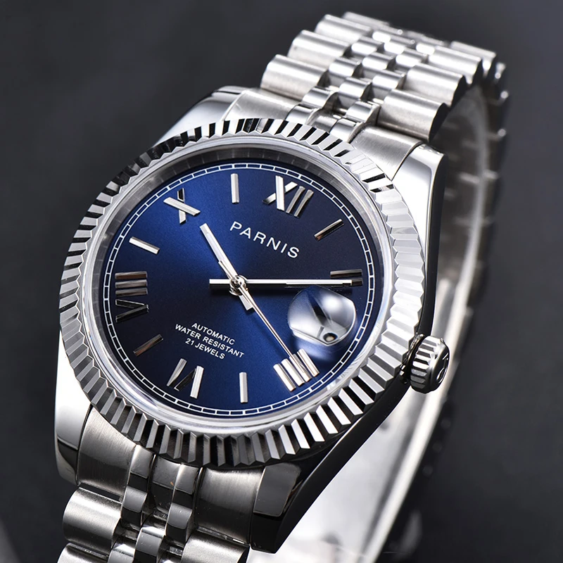 

New Arrival Parnis Blue Dial Men's Watches Calendar Miyota 8215 Movement 21 Jewels Automatic Mechanical Men Wristwatch 2020 gift