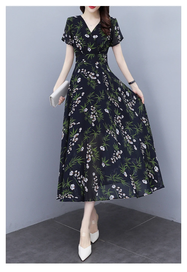 

Chiffon Loose Plus Size Women's Dress New Fashion Casual Short Sleeve Dresses Floral V-neck Long Summer Houthion