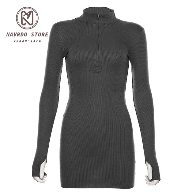 

NAVRDO autumn winter stretch Slim Soft Ribbed Knitted turtleneck dress woman 2020 fashion solid black casual bodycon Zip dress