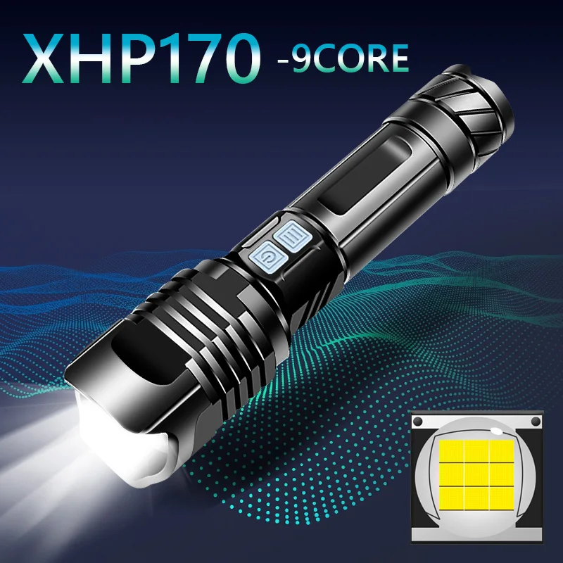 

Аккумуляторный тактический фонарик XHP170, 9 ядер, 5000 мА · ч, с аккумулятором 26650/18650
