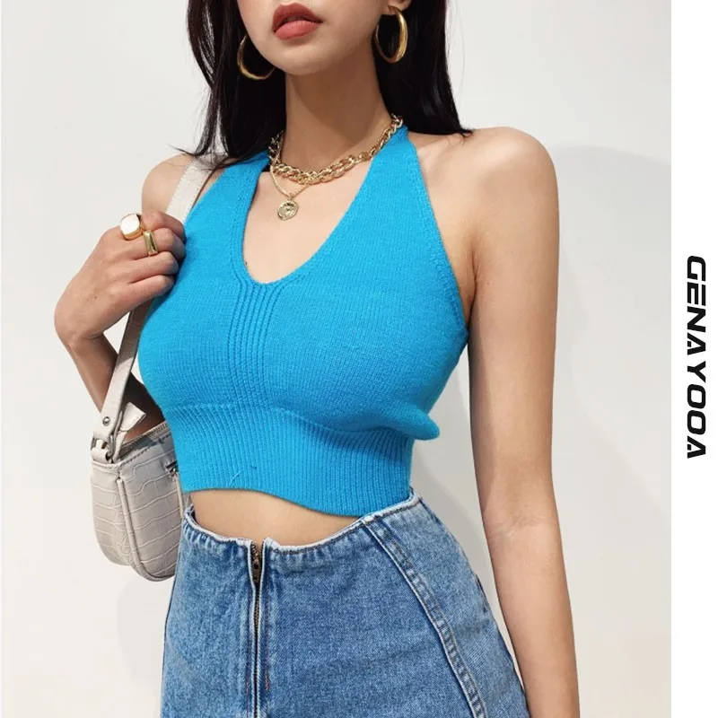 

Женский трикотажный топ с V-образным вырезом и открытой спиной