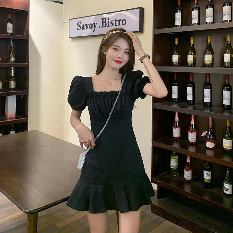 

Women's Summer Sundresses Sweet Puff Sleeve Slim Square Collar Flounced Edge A-LINE Mini Dress