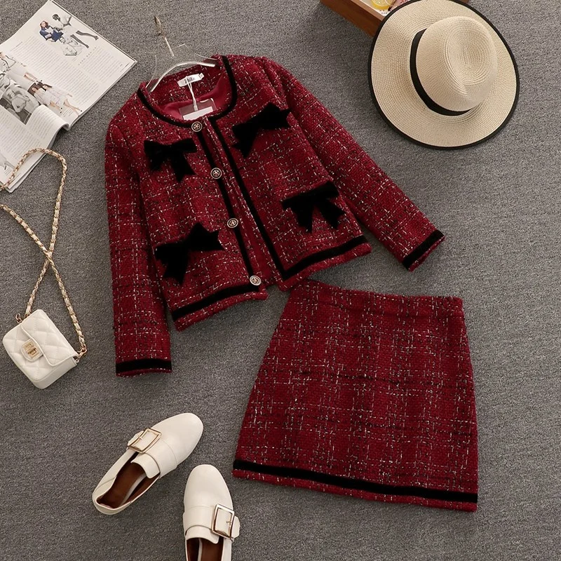 

2021 Autumn High Quality Women Two Piece Outfits Chic Bow Tweed Coat Jacket And Fashion Mini Skirt Suit Vintage 2 Piece Sets