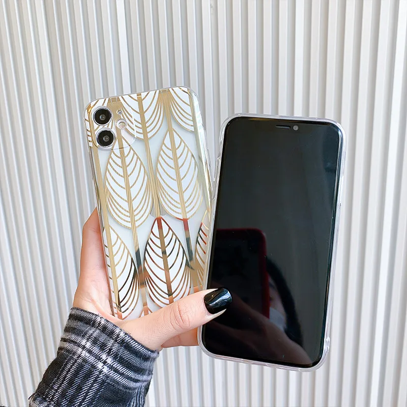 

For iPhone 11 12 Pro Max Cases Luxury Plating Leaves Phone Case For iPhone XR XS Max 7 8 Plus X Back Cover