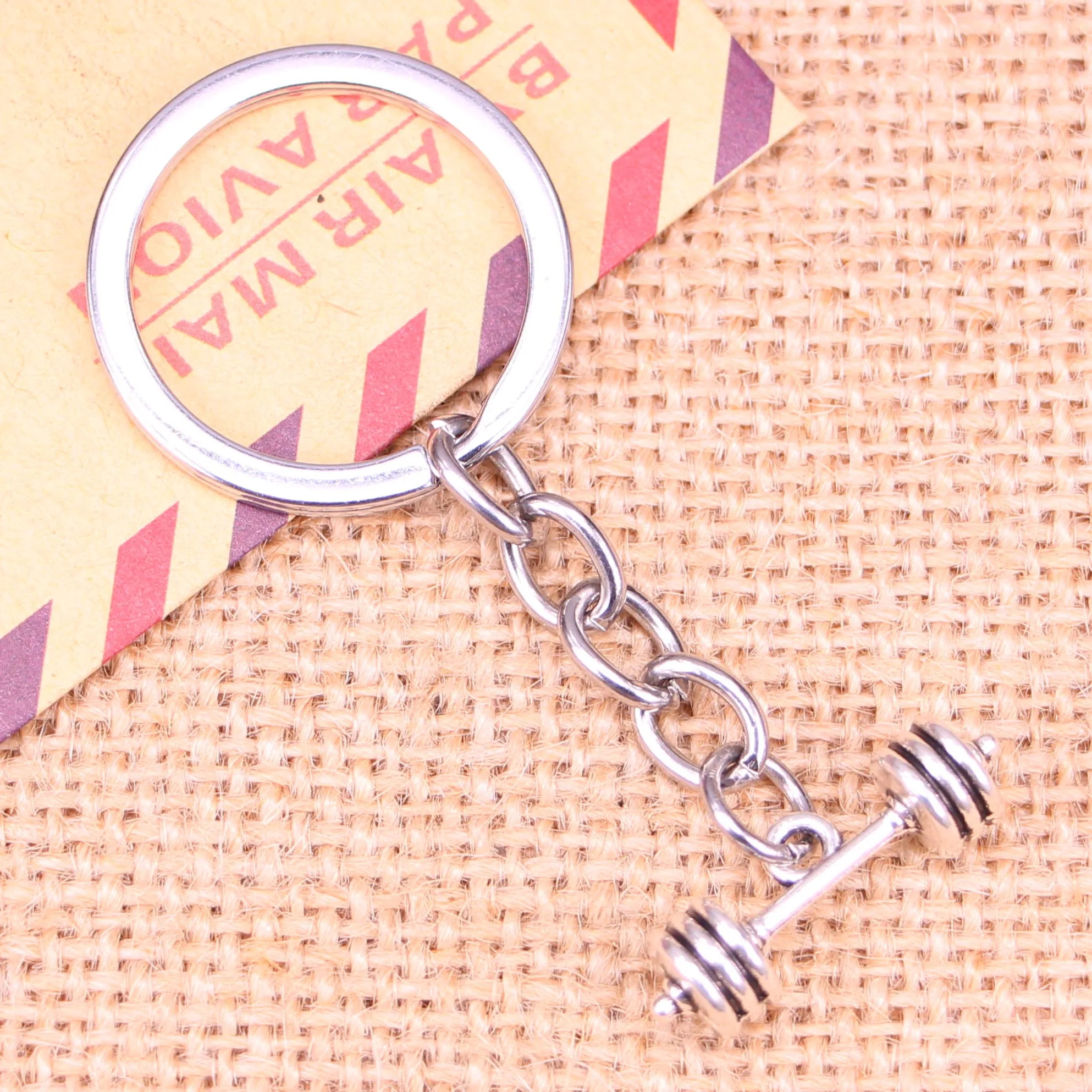 

20pcs Fashion Keychain 25x7x7mm fitness equipment barbell Pendants DIY Men Jewelry Car Key Chain Ring Holder Souvenir For Gift